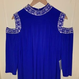Jeweled Royal Blue Peek-A-Boo Shoulder Gown
